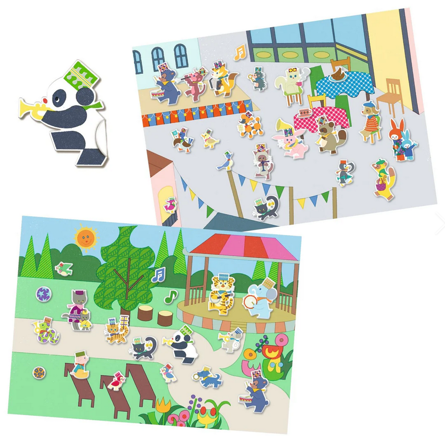 Two children's activity mats with cartoon animal characters and a wooden panda piece on a white background.