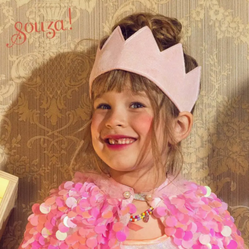 Young girl wearing a pink tiara and sequined outfit against a decorative background