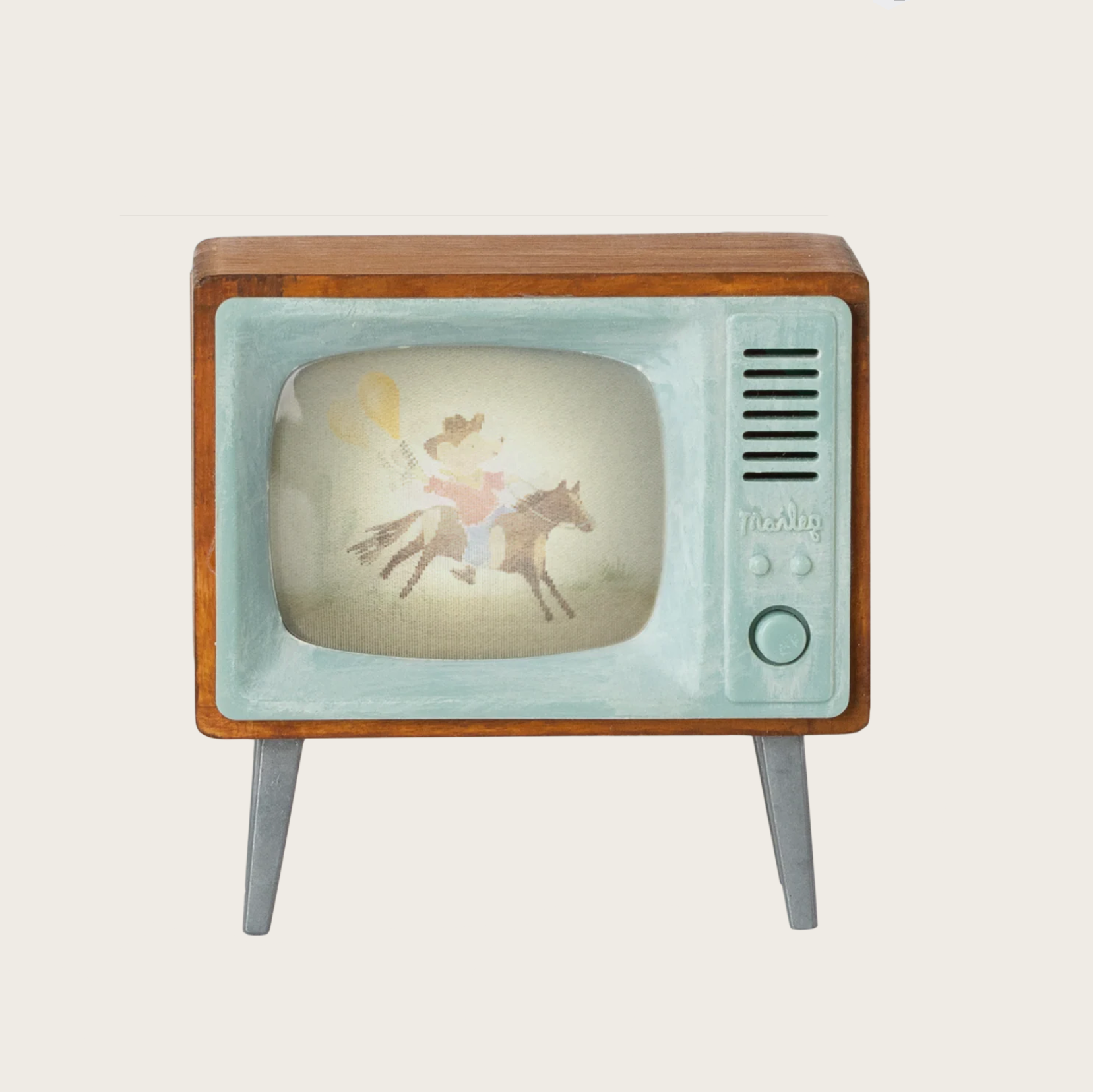 Vintage-style television with a horse graphic