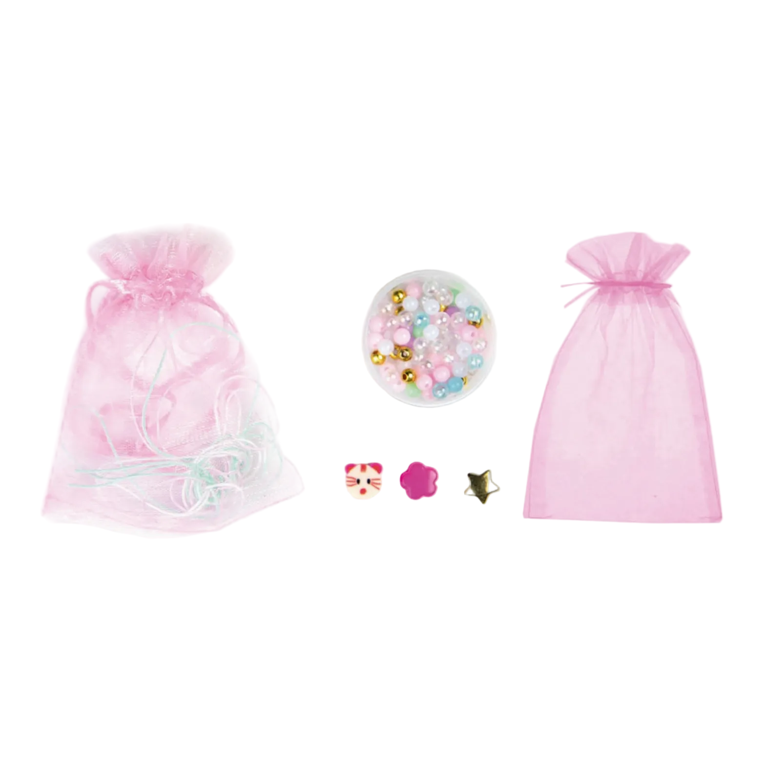 Screen capture of a product page with pink drawstring bags and decorative items on a white background.