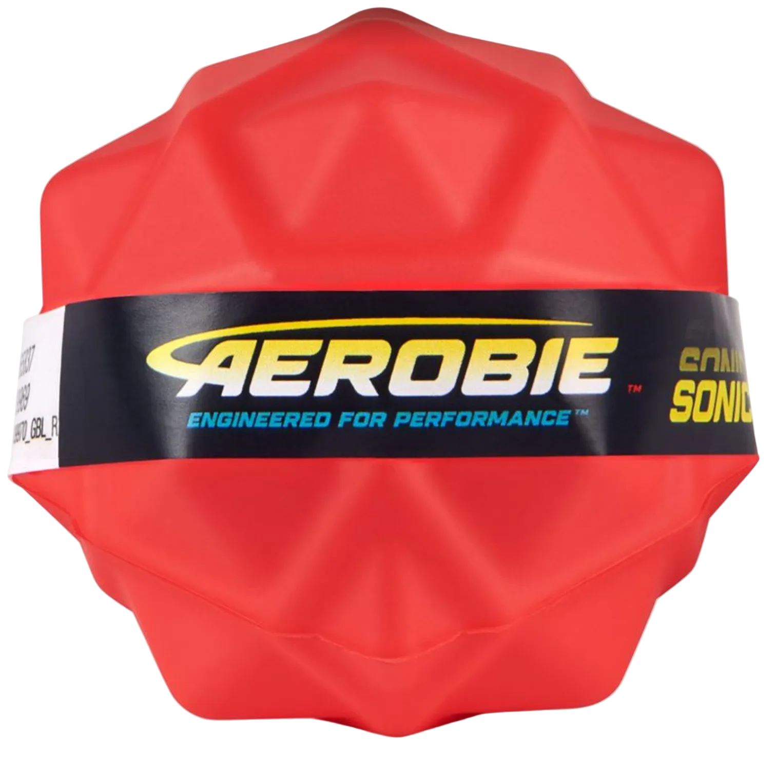 Red bouncy ball with Aerobie branding on a white background