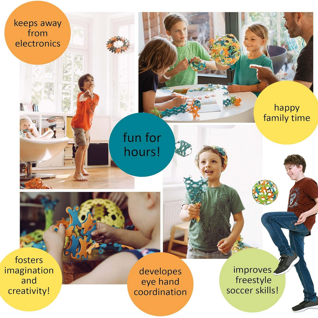 Children playing with educational toys in a home setting, highlighting benefits like keeping away from electronics and fostering creativity.