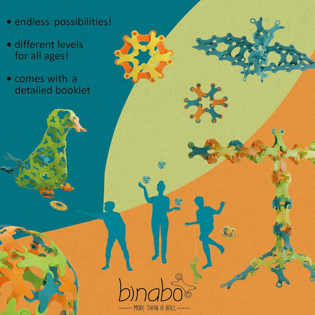 Colorful toy structures with silhouettes of people on a green and orange background, featuring text about product features and brand 'binabo'.