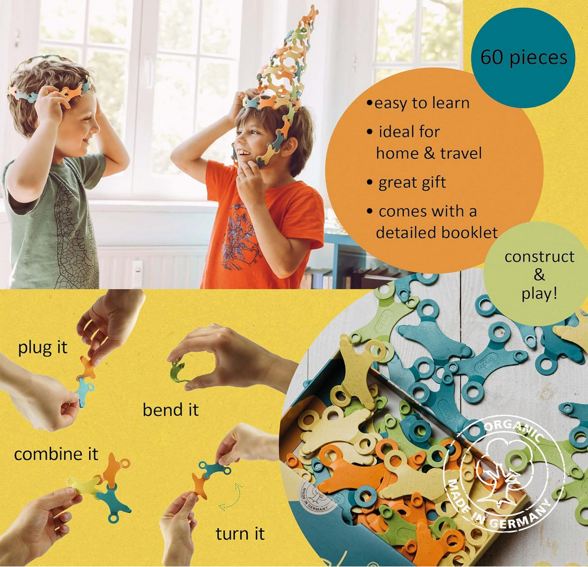 Children playing with colorful building toys, with text highlighting features and benefits.