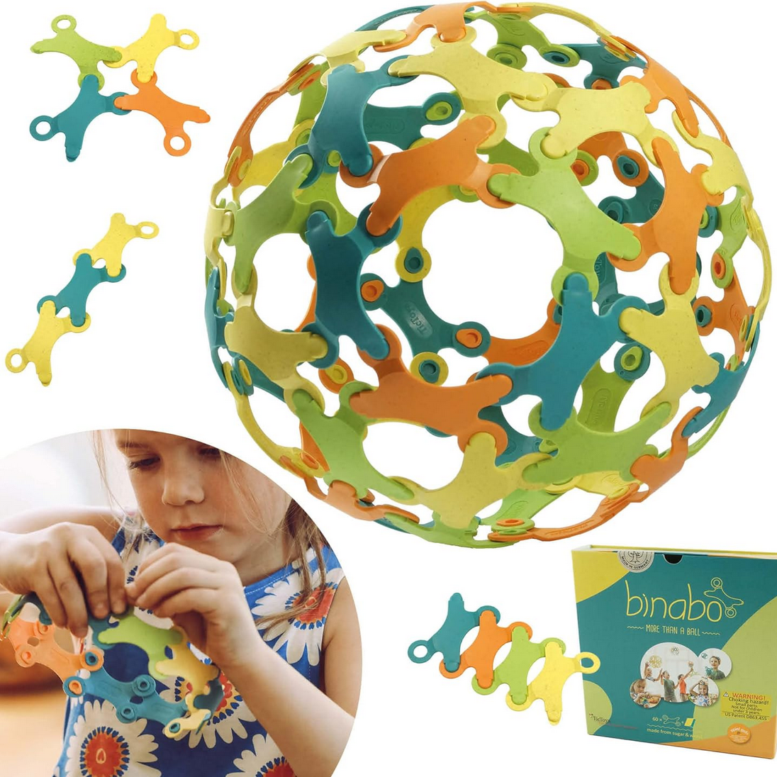 Colorful puzzle ball with pieces and a child playing with it, featuring the brand 'binobo'.