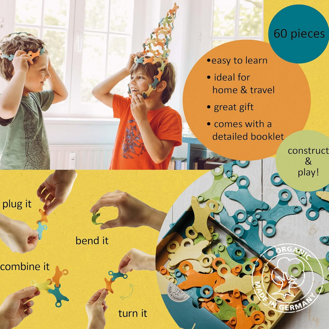 Children playing with colorful building toys, with text highlighting features and benefits.