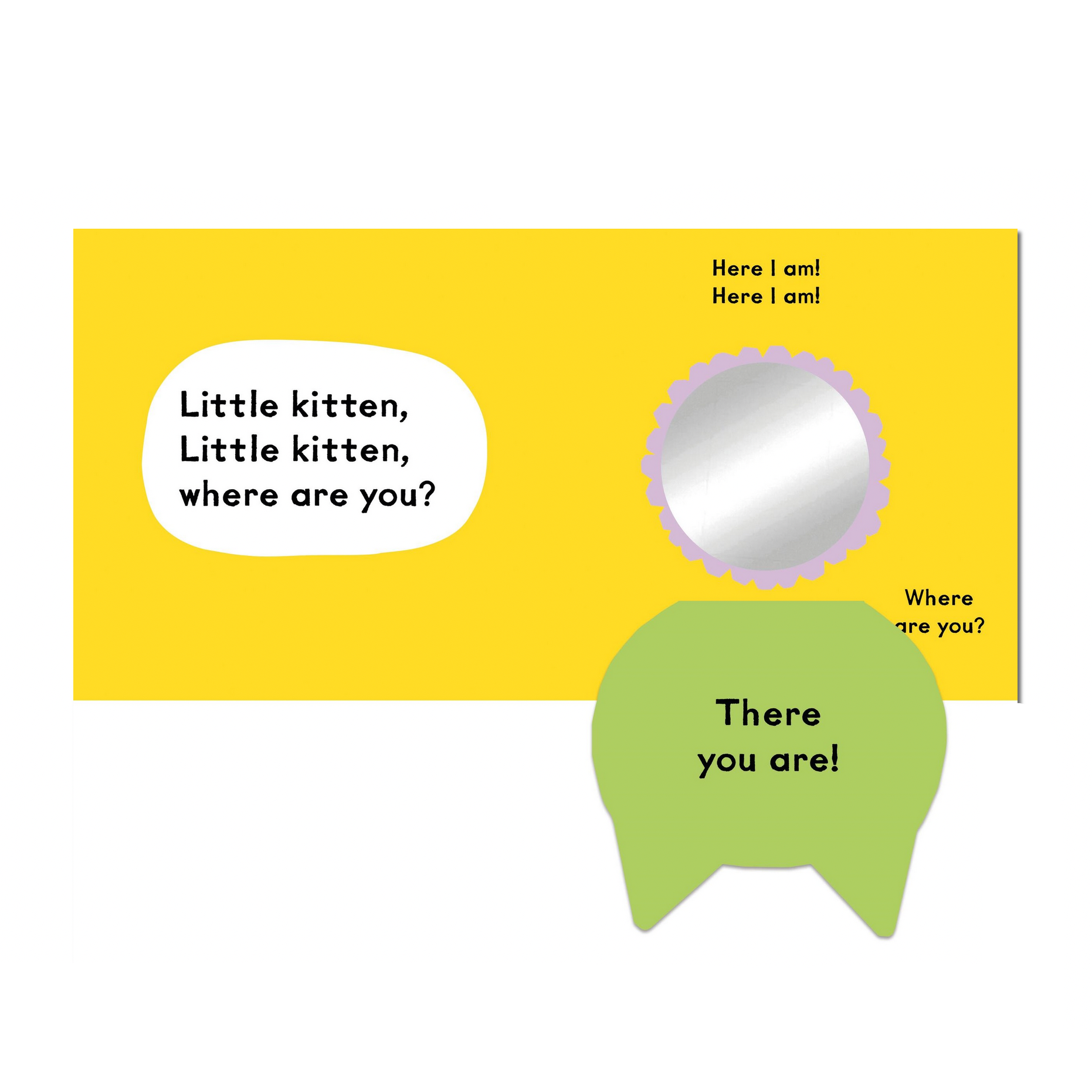 Illustration of a mirror and speech bubbles with text on a yellow background
