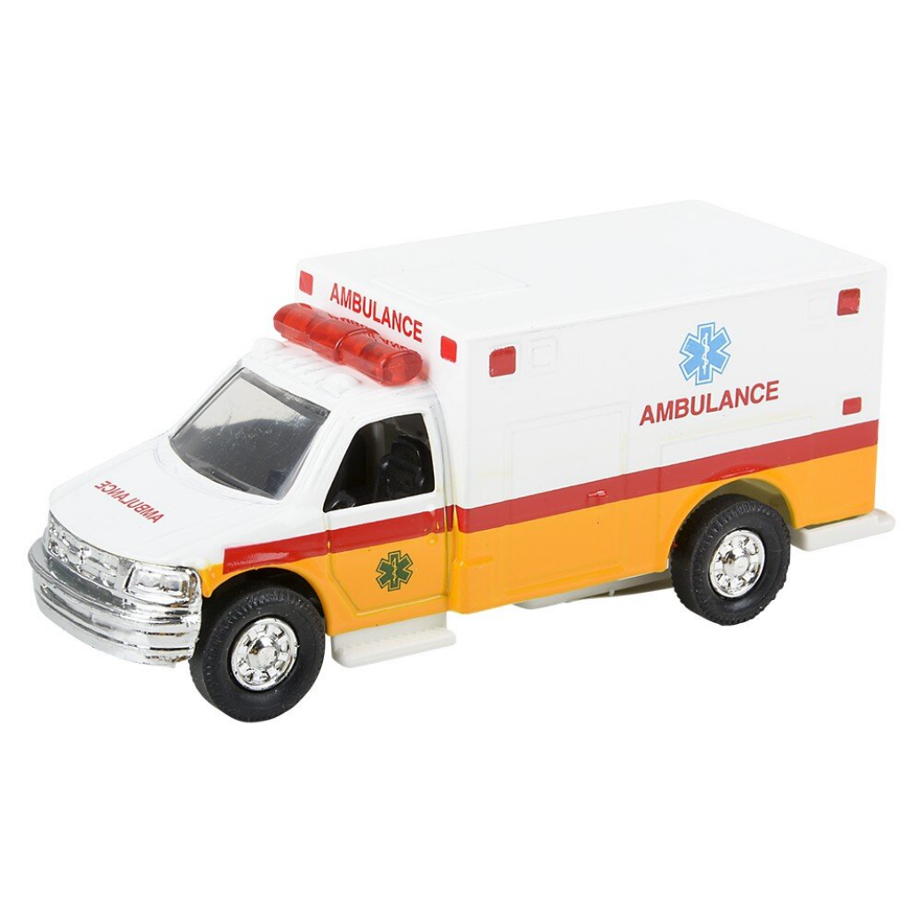 Model ambulance toy with red and yellow stripes on a white background