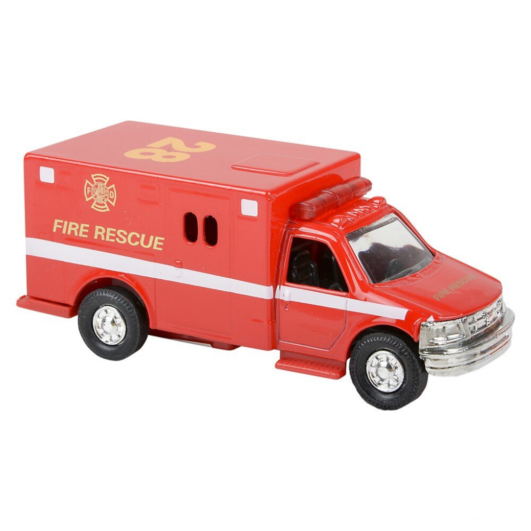 Red toy fire rescue vehicle with 'FIRE RESCUE' text on a white background
