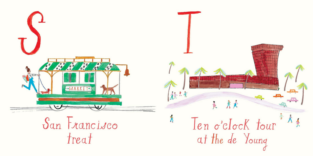 Illustration of a trolley and building with text about a San Francisco treat and tour at the de Young.