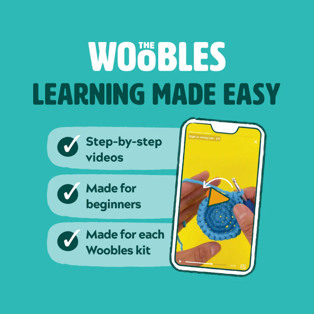 Advertisement for Woobles educational app with a phone displaying a tutorial on a teal background.