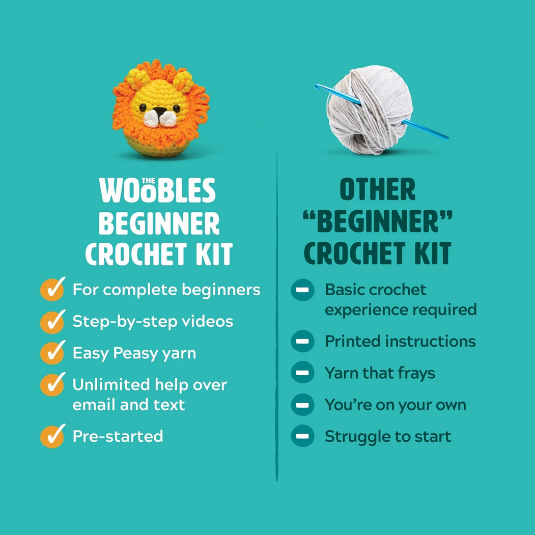 Comparison chart of Woobles Beginner Crochet Kit and other beginner crochet kits on a teal background.