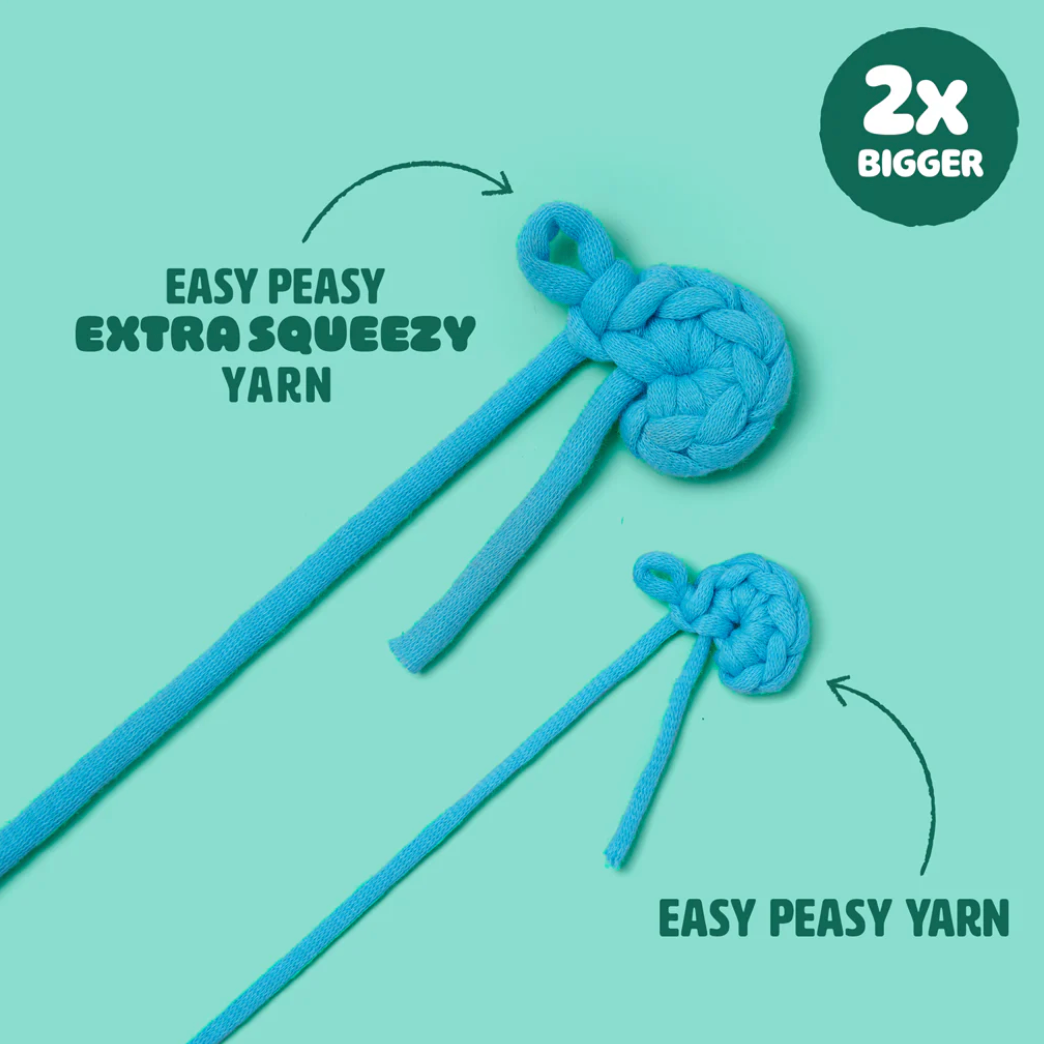 Blue yarn with text on a teal background