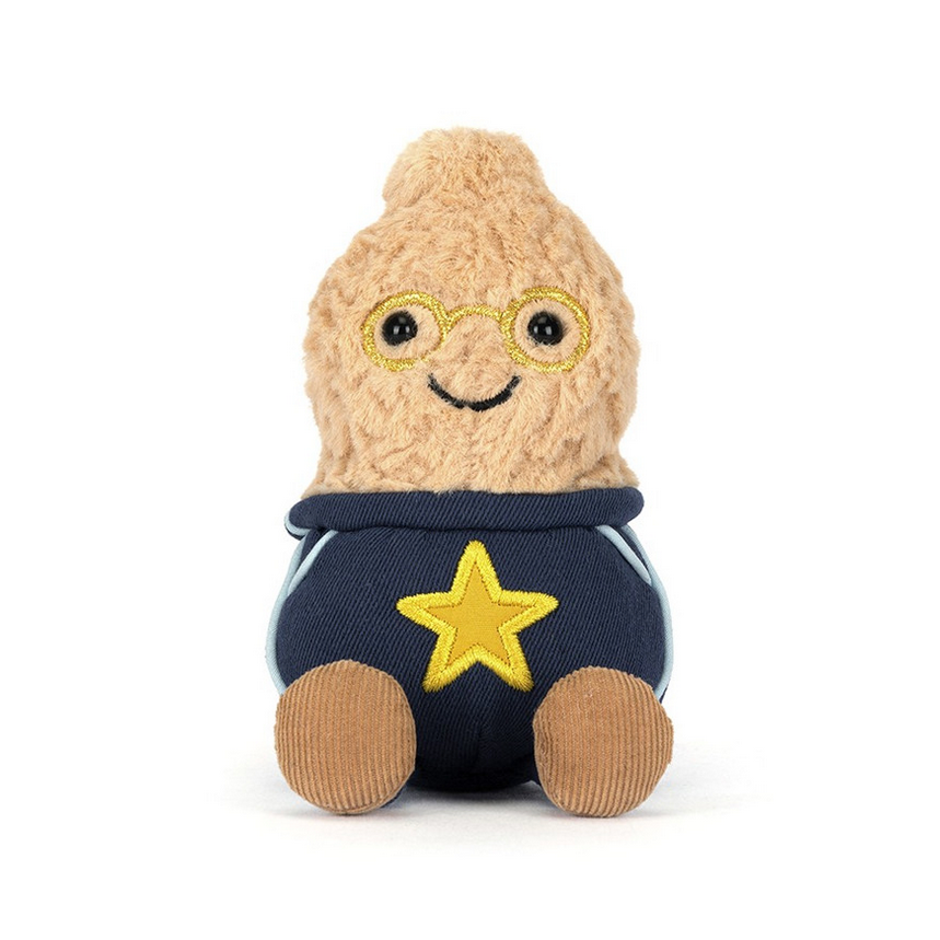 Plush toy resembling a peanut with glasses and a star outfit on a white background