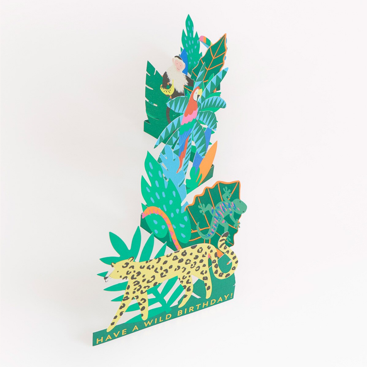 Colorful birthday card with animals and plants on a white background