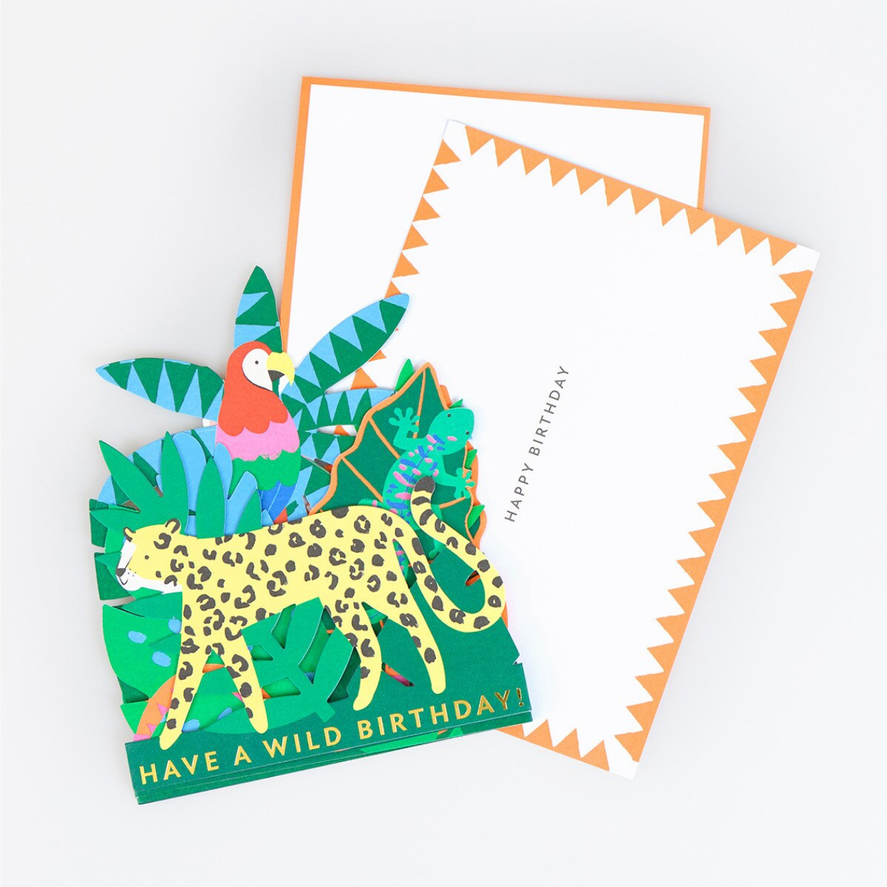Birthday card with a leopard and jungle theme on a white background