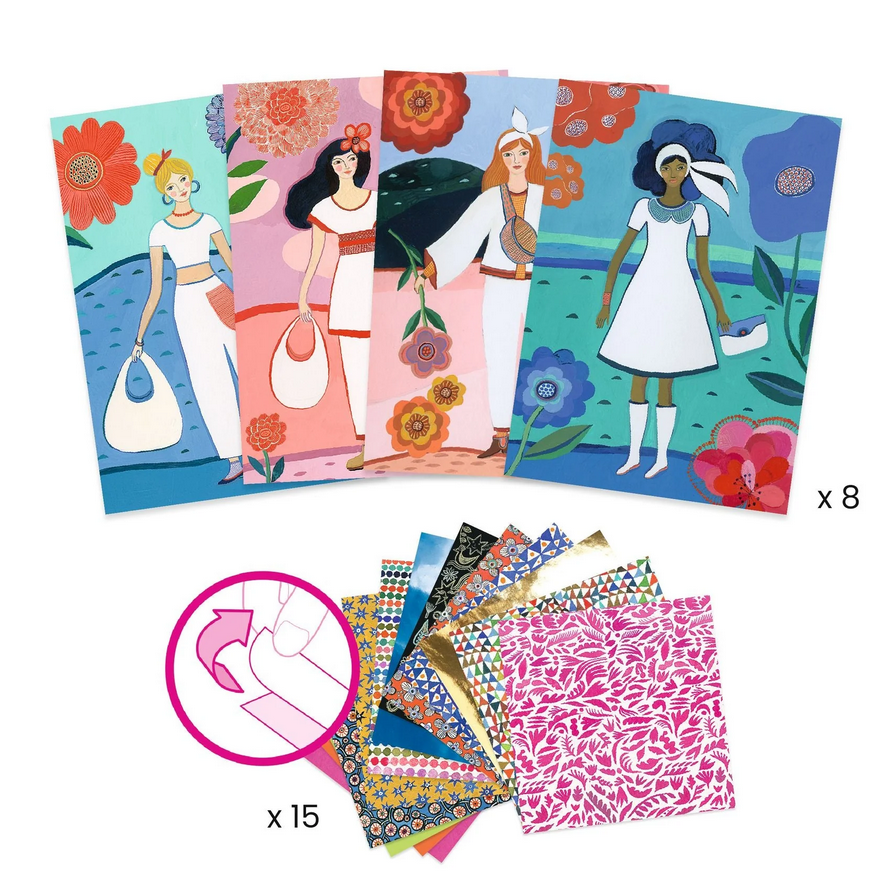 Set of colorful greeting cards with illustrations of women and floral designs, with a close-up of a card on a white background.