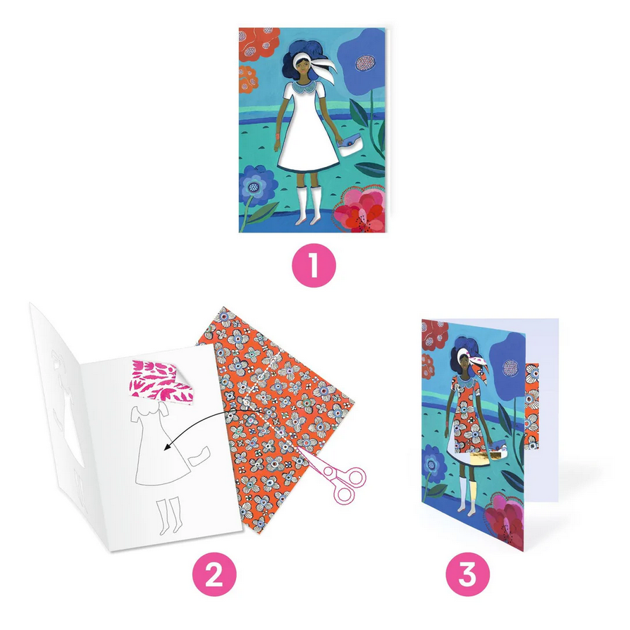 Greeting card with a girl in a dress, floral patterned paper, and scissors on a white background.