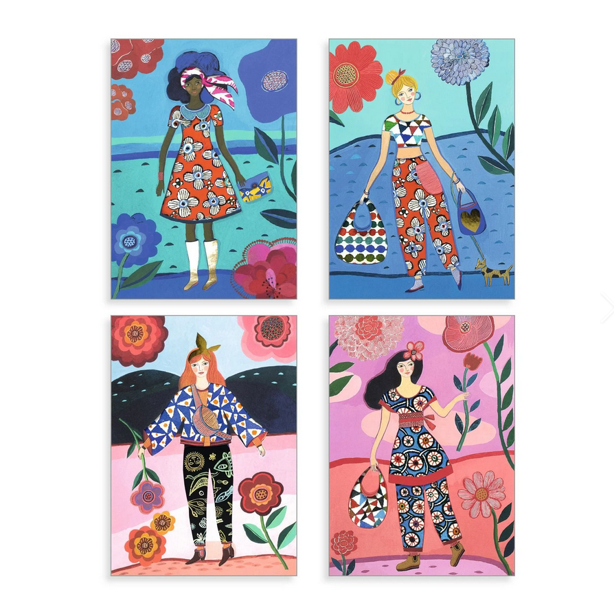 Four colorful illustrations of women in floral outfits with flowers and plants around them.