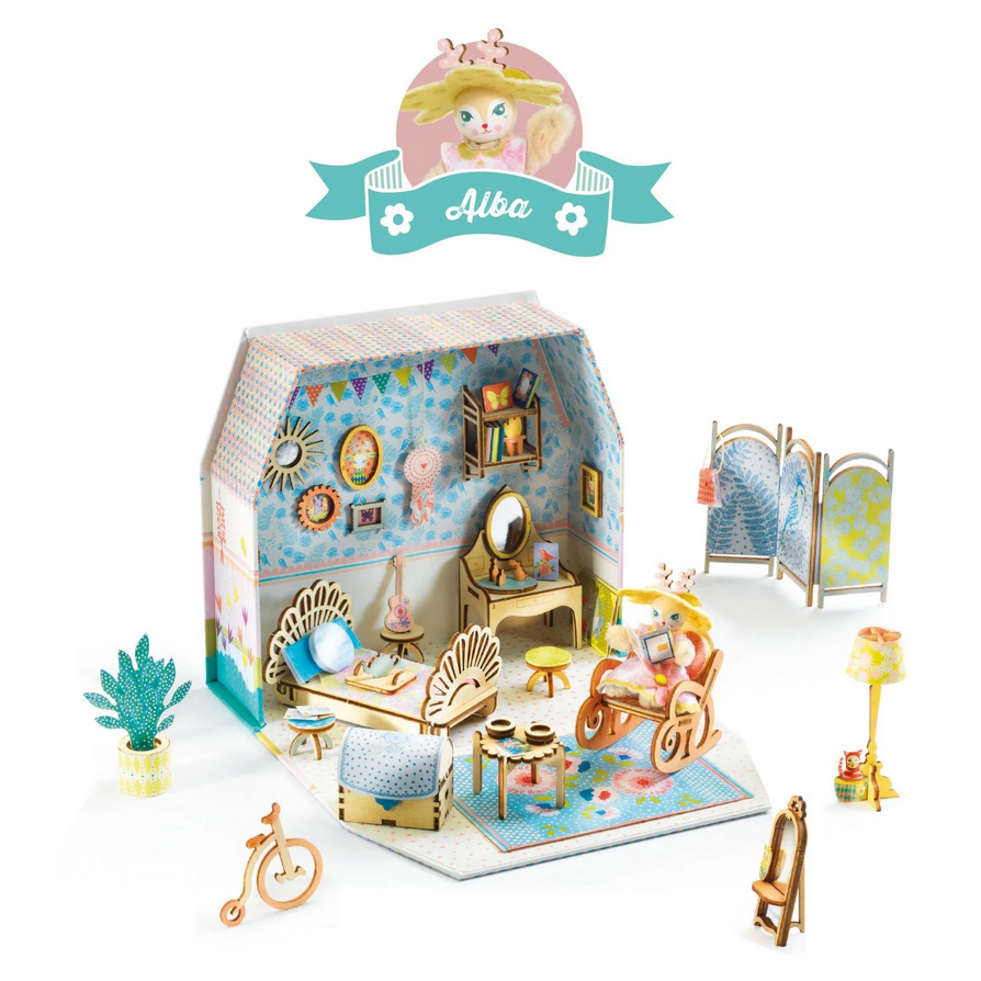 Toy dollhouse with furniture and decorations on a white background, featuring the brand 'Alba'.