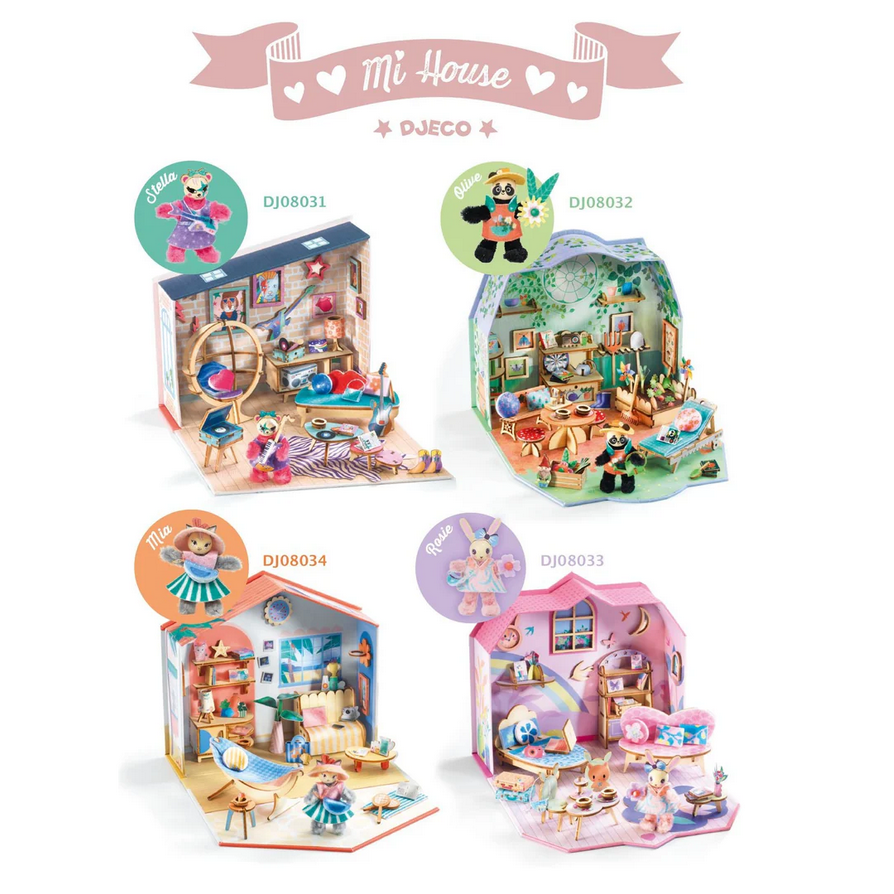 Four miniature dollhouse models with colorful interiors and DJECO branding on a white background.