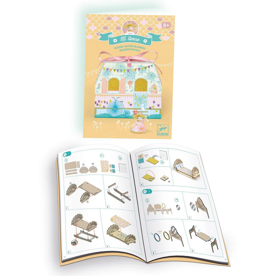 Children's craft kit with illustrated instructions and packaging on a white background