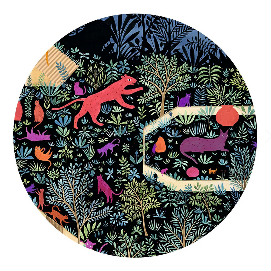 Round coaster with colorful animal and plant pattern on a black background