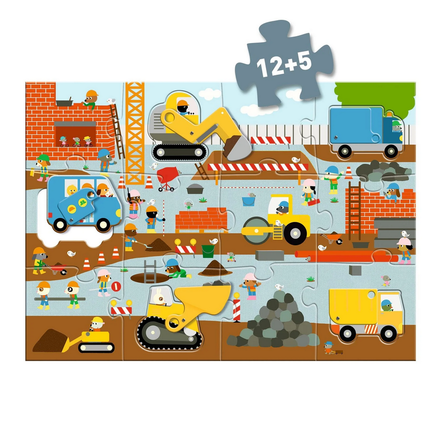 Children's puzzle with construction theme featuring vehicles and workers.