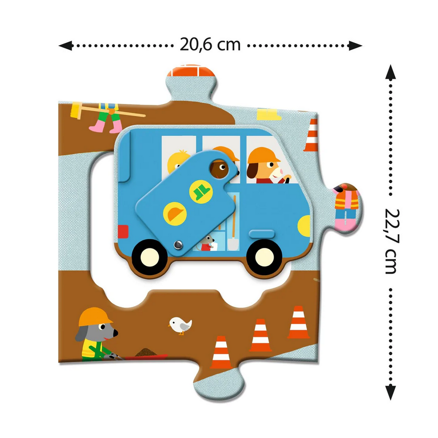 Children's puzzle with a blue truck and construction workers, showing dimensions on a white background.