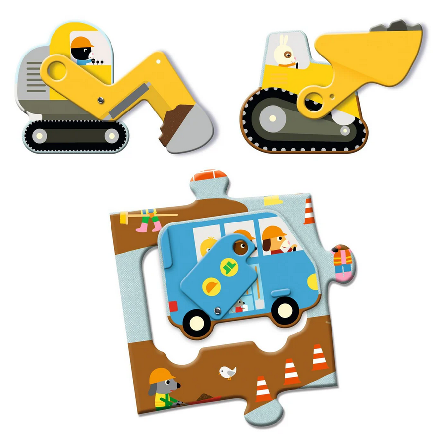 Children's puzzle with construction vehicle figures on a white background
