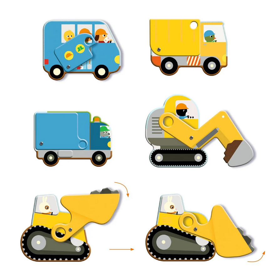 Set of colorful toy trucks and excavator on a white background