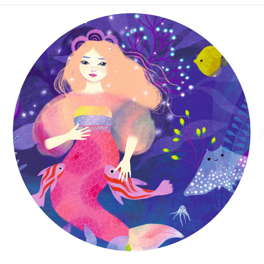 Colorful illustration of a mermaid with fish and starfish on a purple background