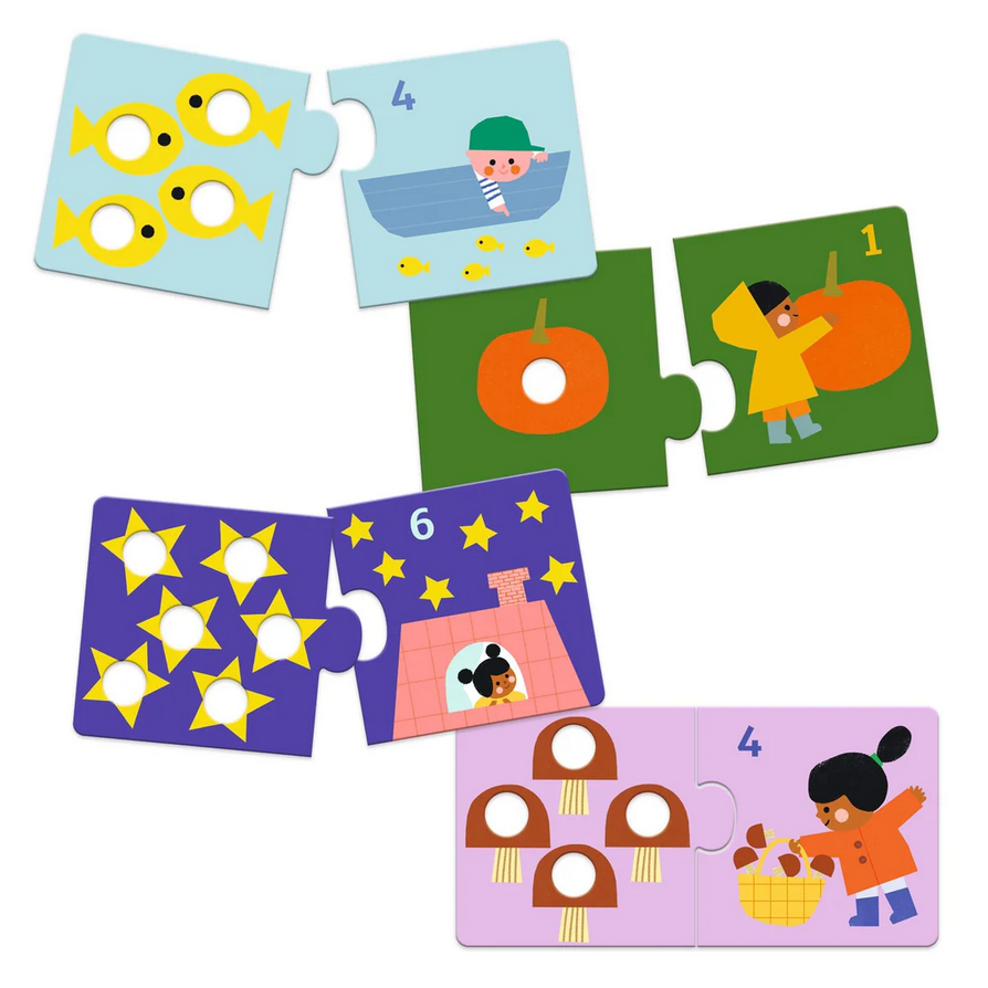 Set of colorful children's puzzles with illustrations and numbers on a white background