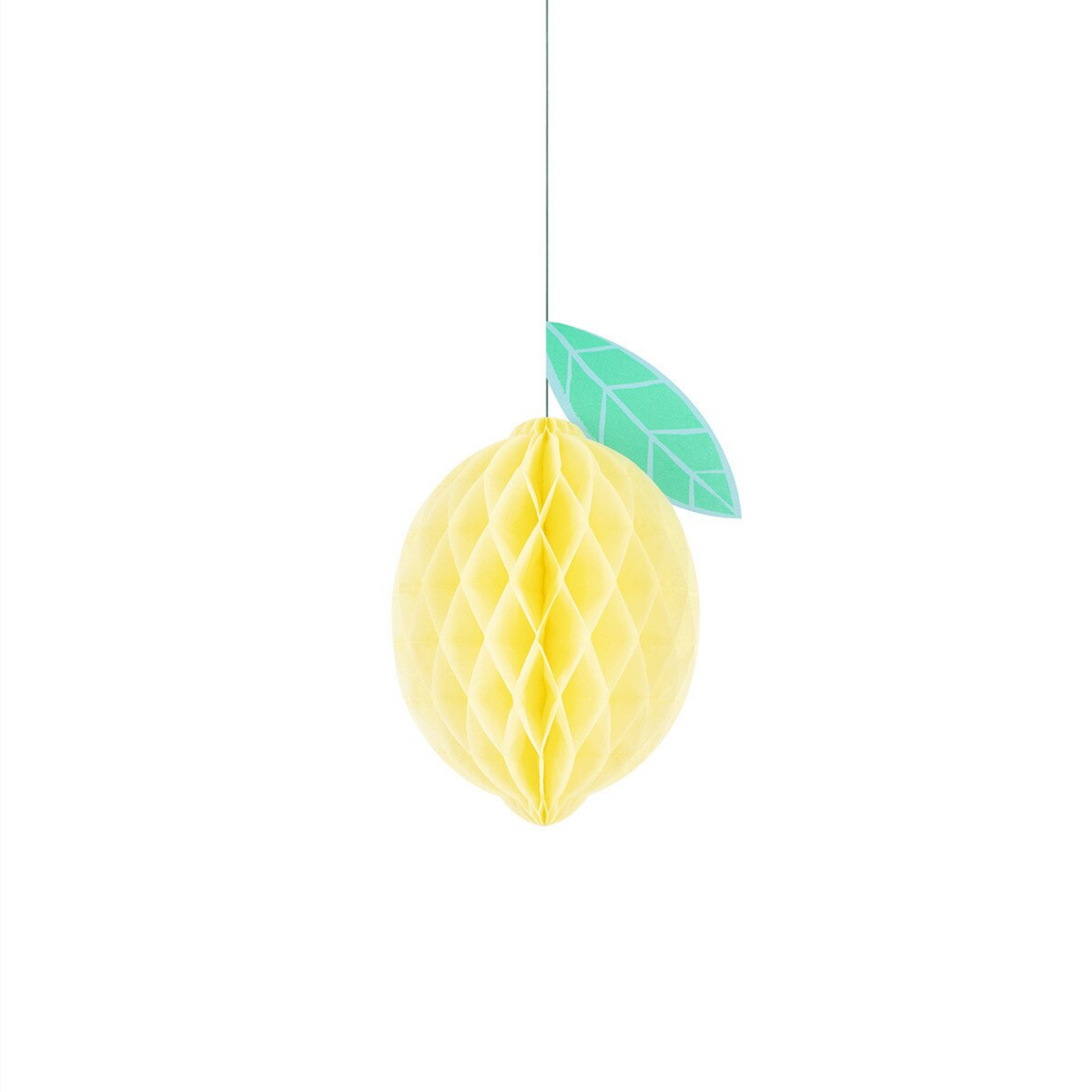 Yellow honeycomb lemon-shaped decor with a green leaf on a white background