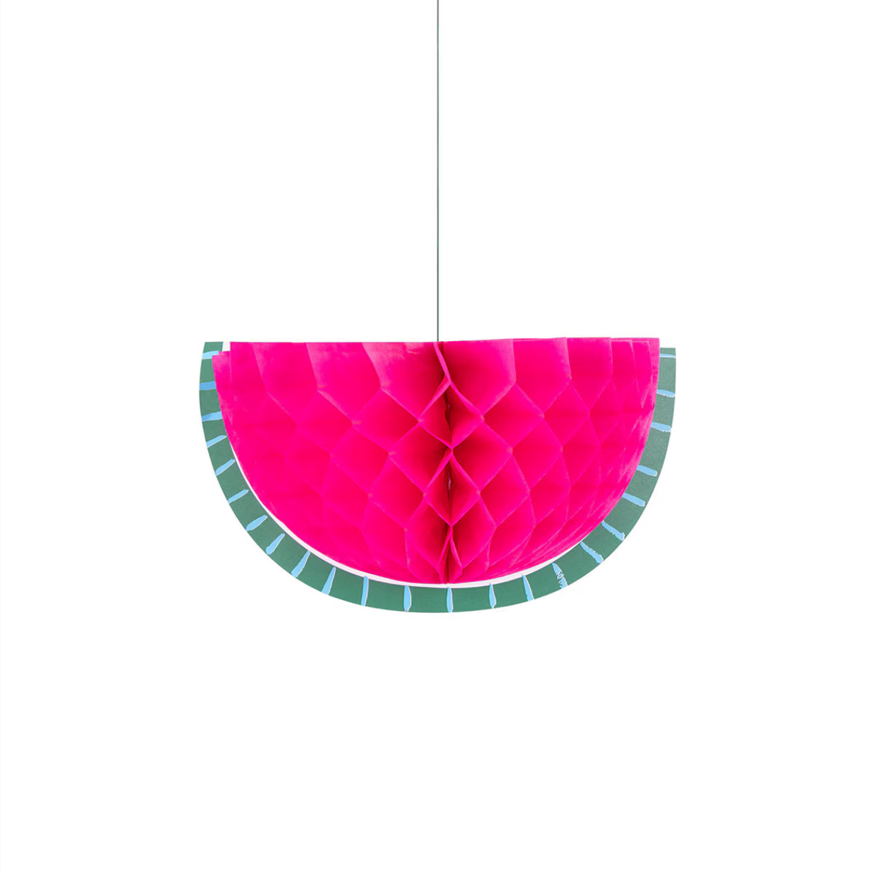 Pink honeycomb hanging decor with green border on a white background