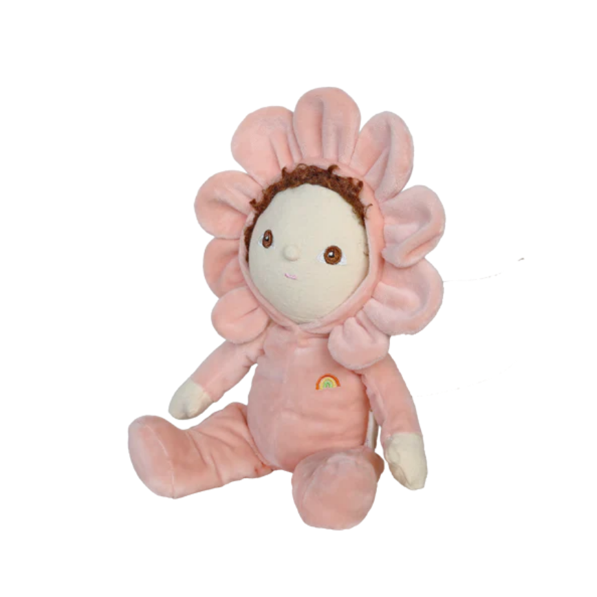Pink plush toy with flower design on a white background