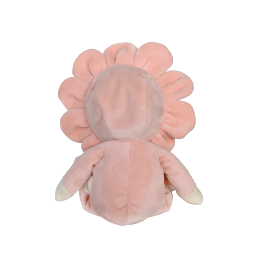 Pink plush toy with flower design on a white background