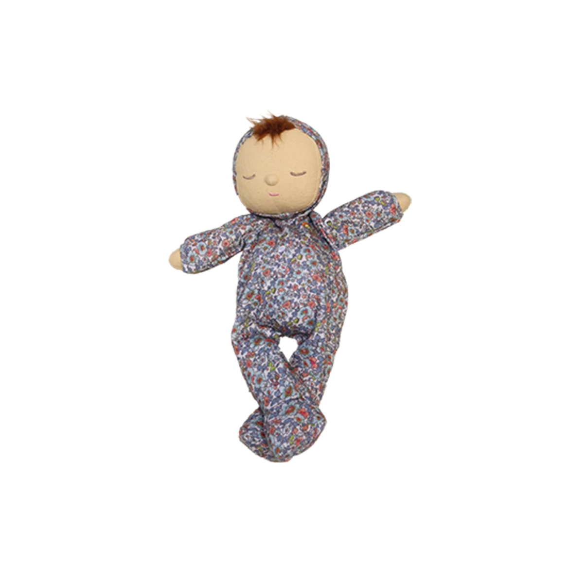 Stuffed baby doll with floral pattern on a white background
