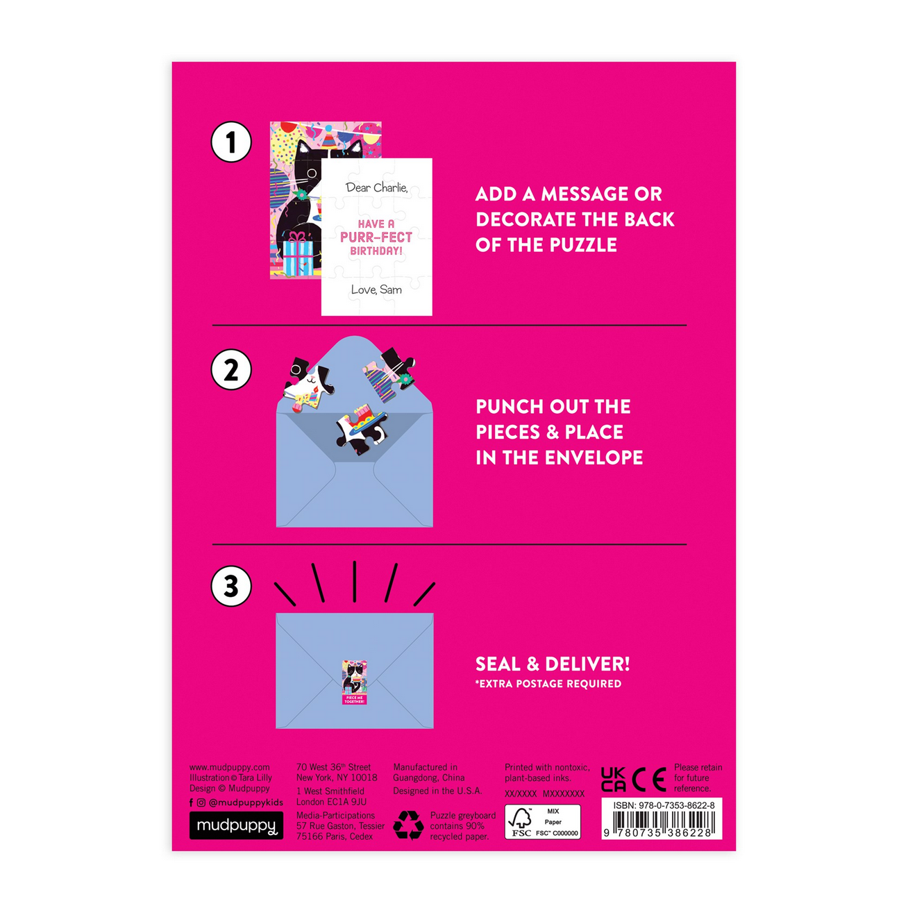 Instructions for a puzzle packaging with a pink background and text.