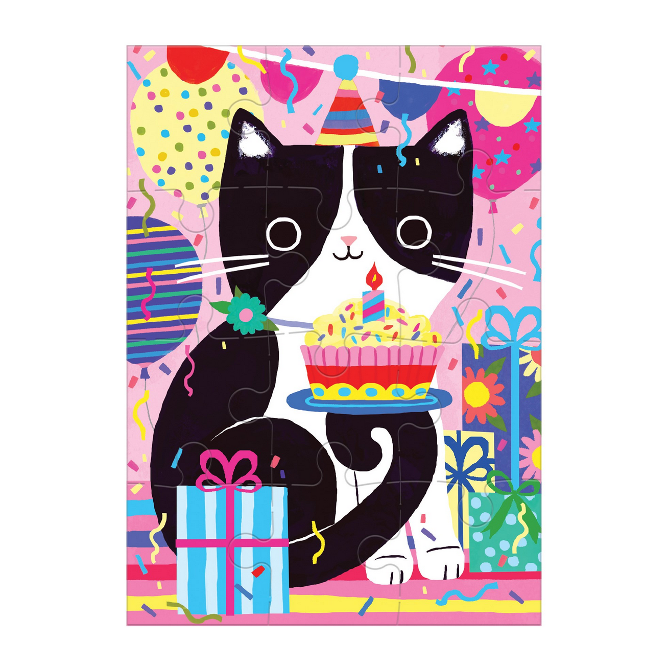 Jigsaw puzzle with a black cat holding a birthday cake and presents against a colorful background