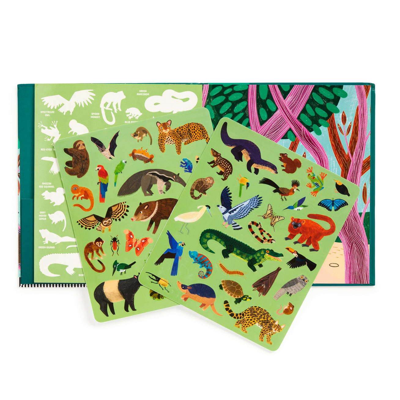 Children's book with animal illustrations on a white background