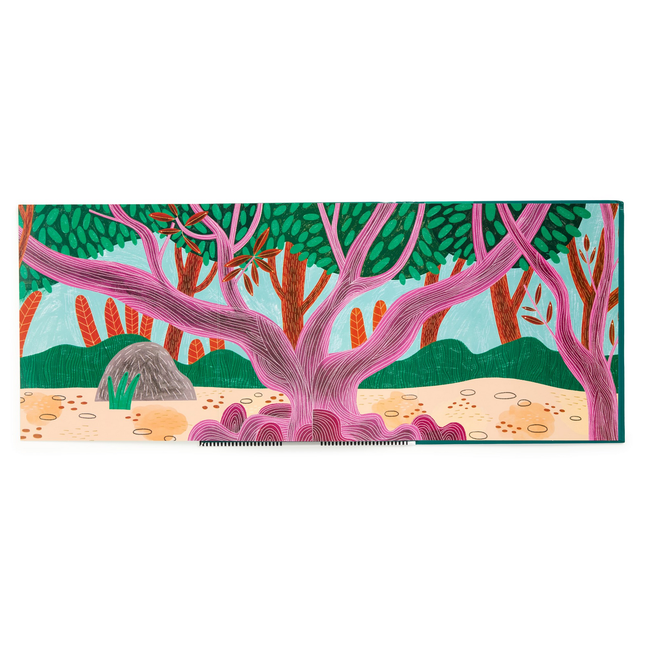 Colorful illustration of a forest scene with pink trees on a white background