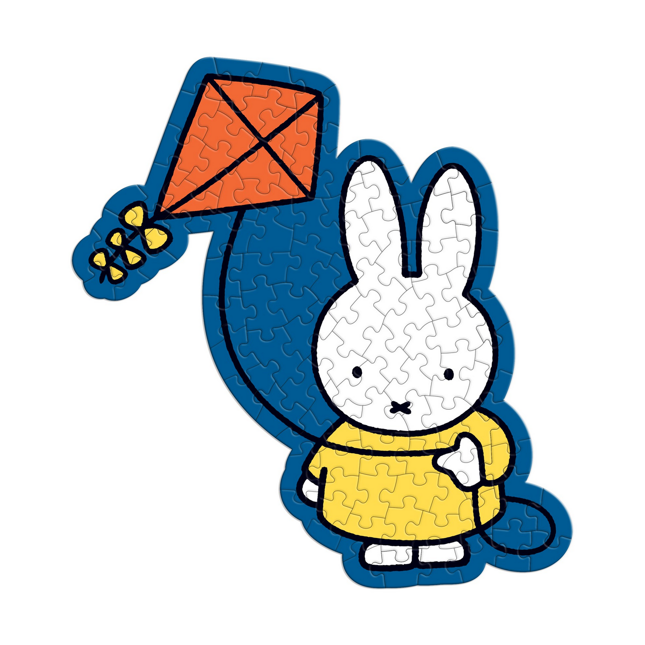 Jigsaw puzzle piece with a cartoon rabbit holding a kite on a white background