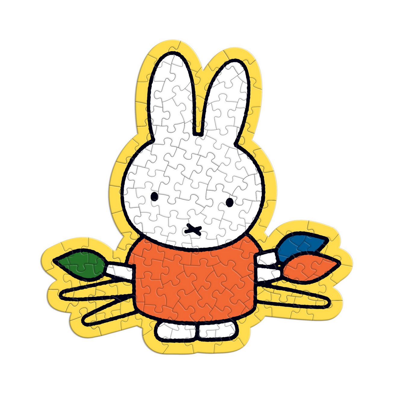 Jigsaw puzzle shaped like a cartoon rabbit character on a white background