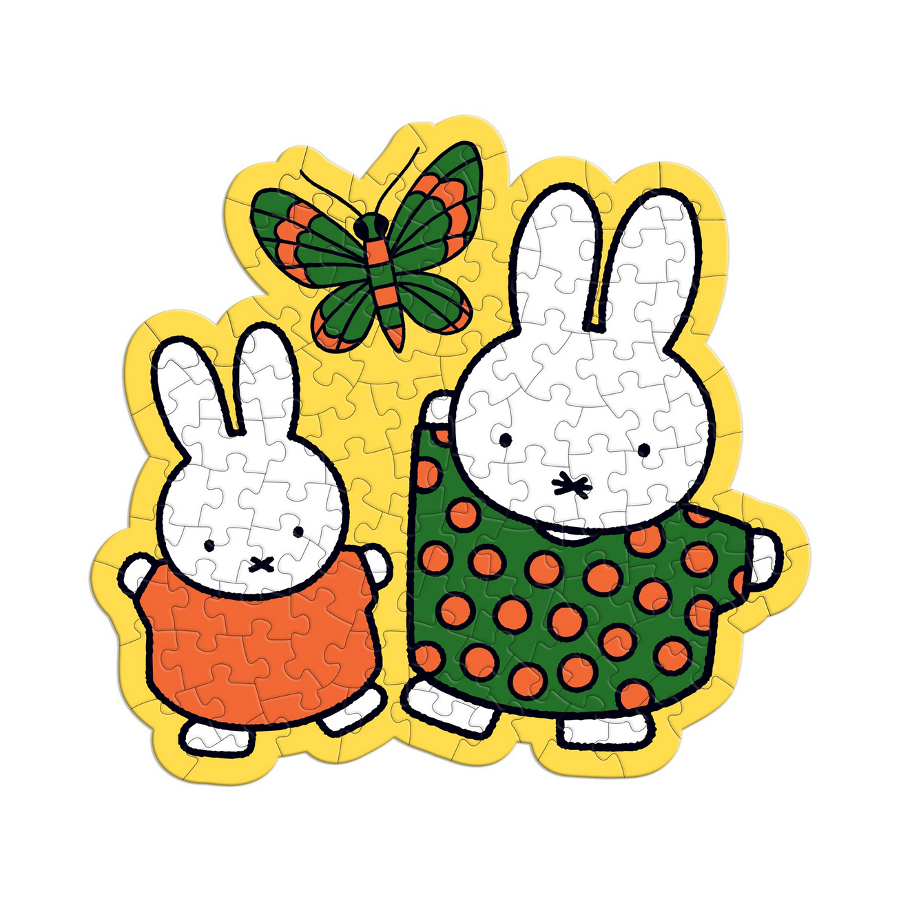 Children's puzzle with two cartoon bunnies and a butterfly on a yellow border