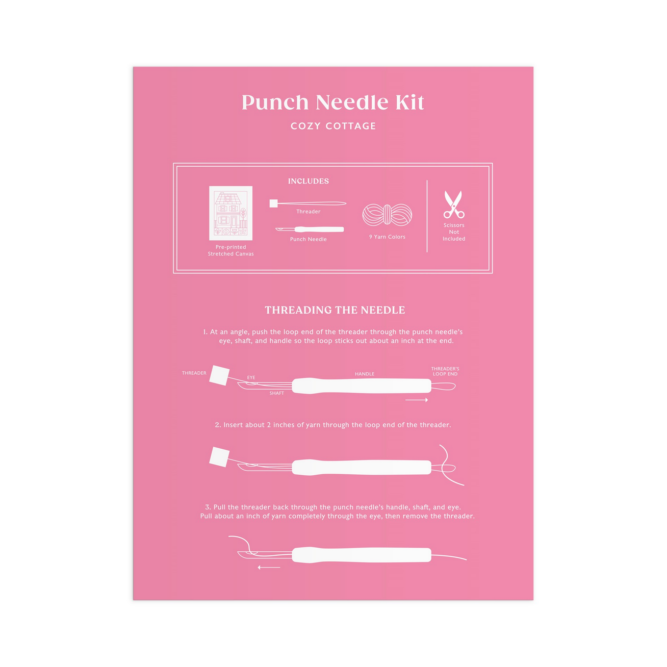 Punch Needle Kit packaging with instructions on a pink background