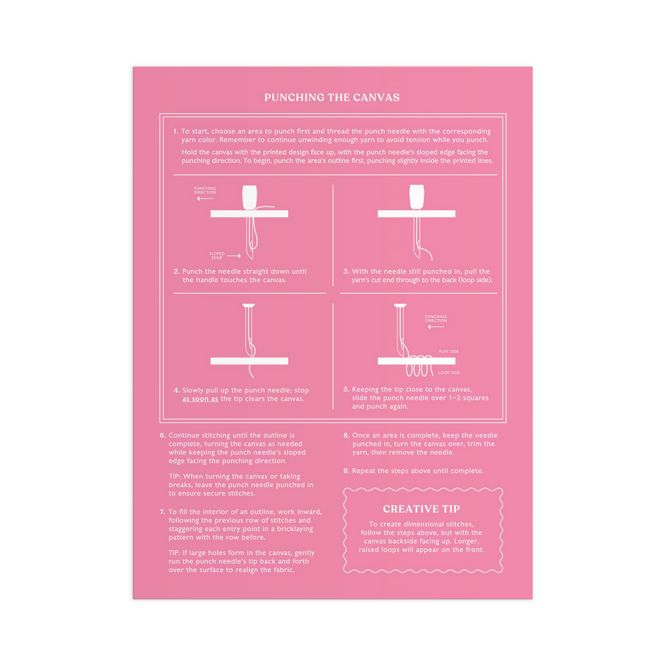 Pink instructional sheet on punching a canvas with text and diagrams.