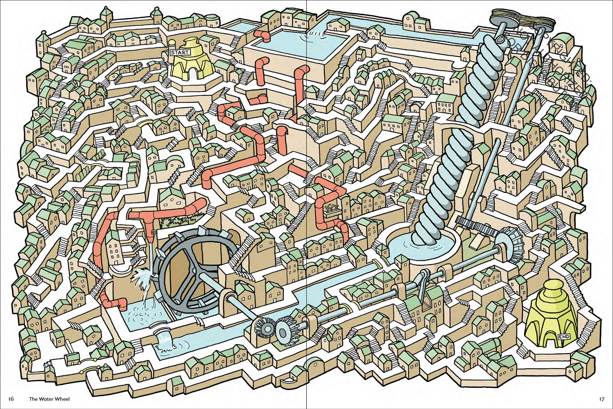 Detailed illustration of a maze-like architectural plan with various paths and structures.