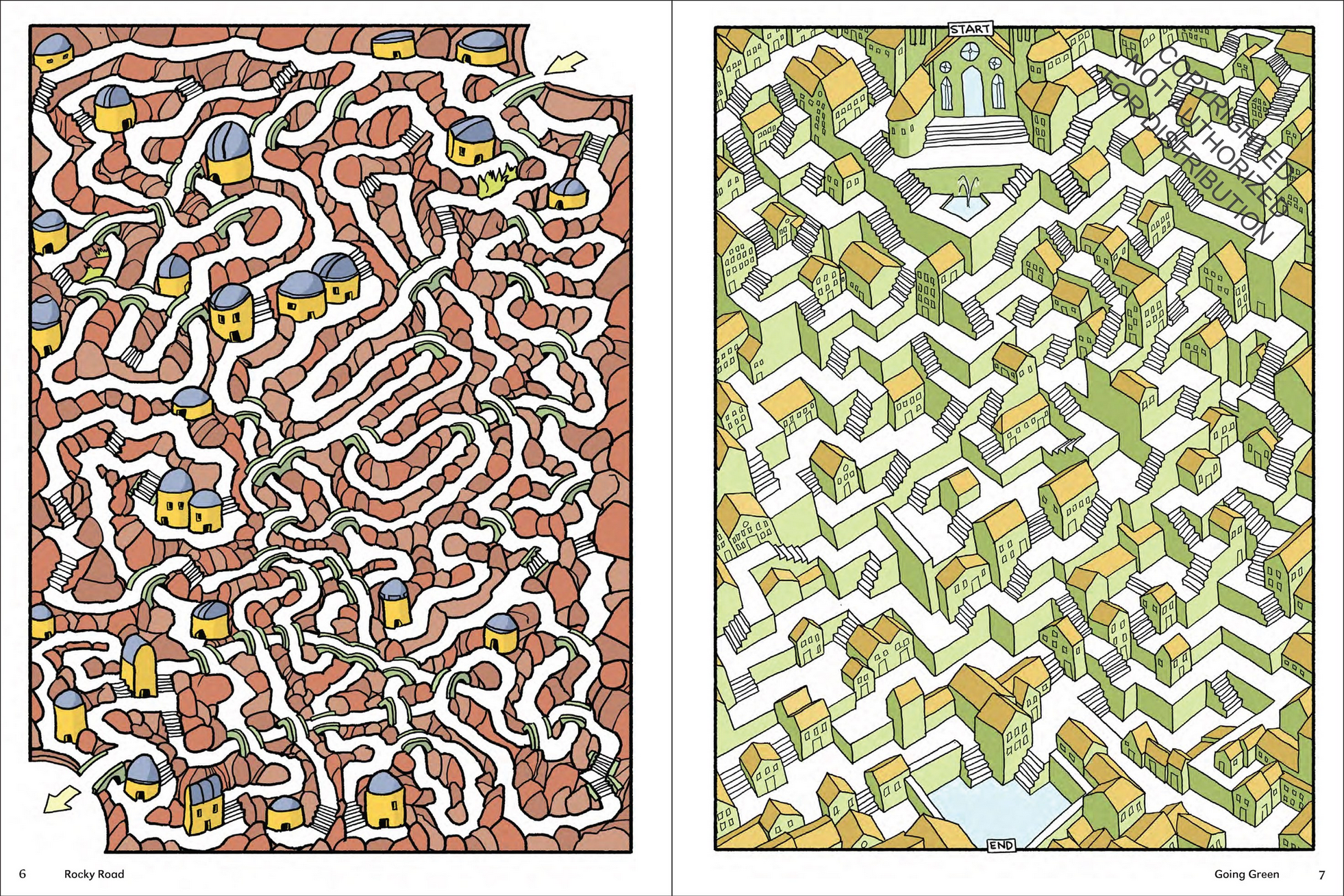 Two mazes on a white background, one with a brown and white pattern and the other with a green and yellow pattern.