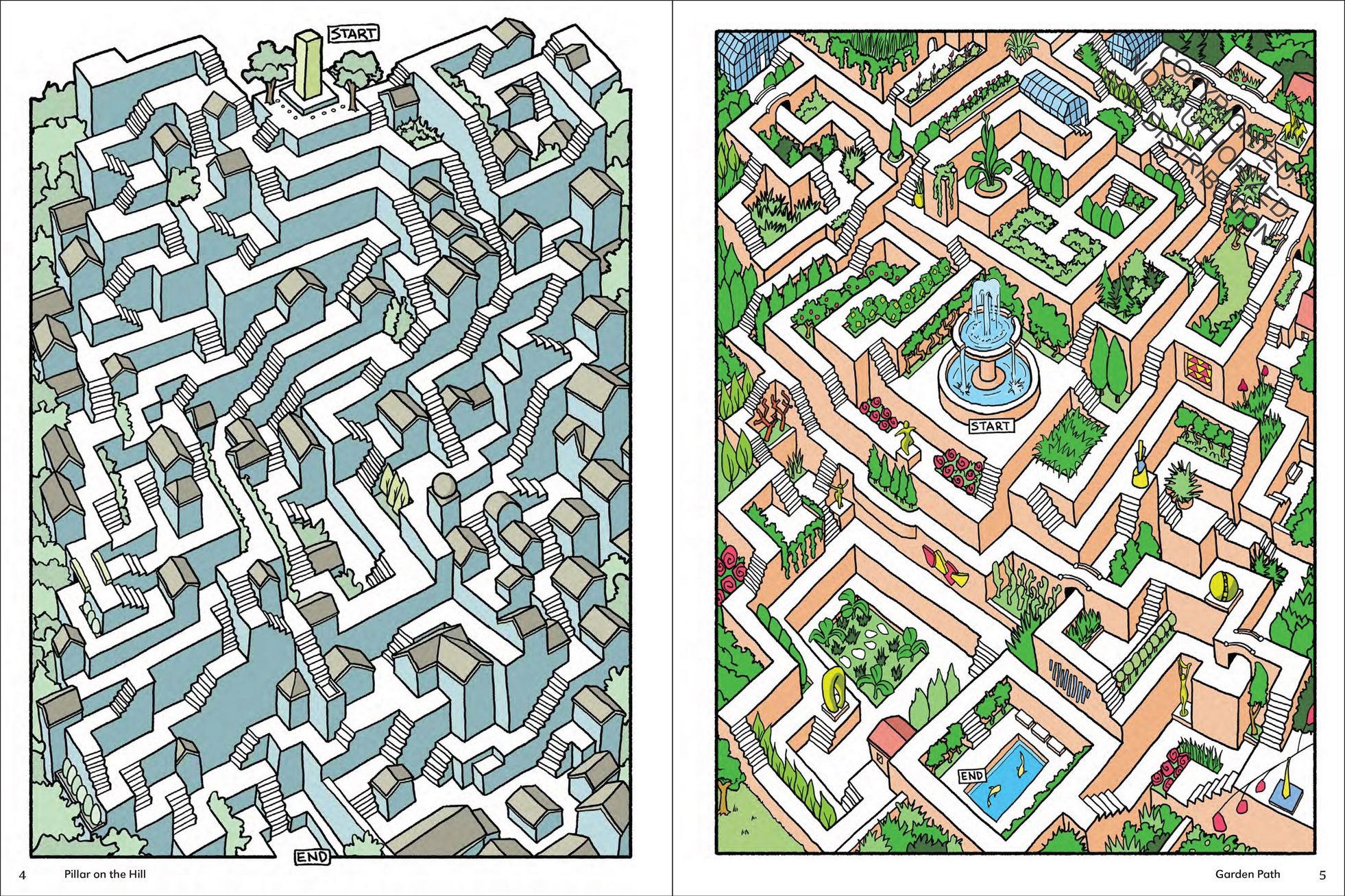 Two maze illustrations, one on the left with a blue color scheme and the other on the right with a green and brown color scheme.